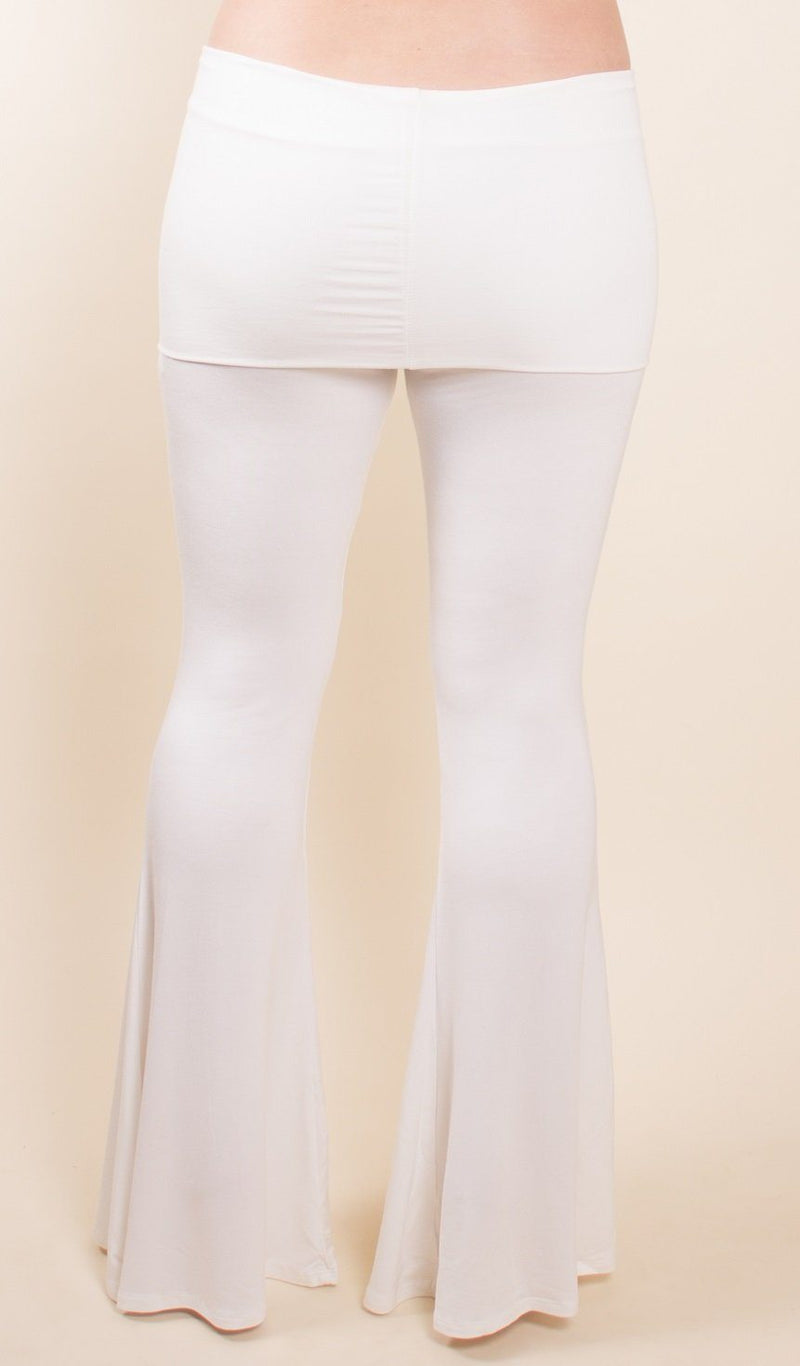 white fold over flares can be worn for yoga or festivals sizes sm-med and med-lg umbalove collection