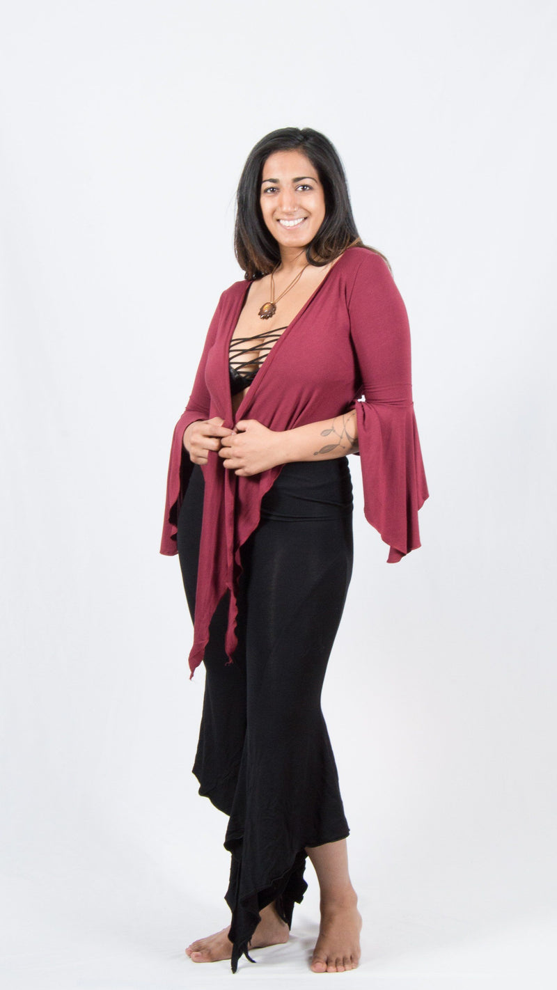 Girl wearing Umba's Bell Sleeve Shrug, untied, maroon, front view, sold at UMBA LOVE.