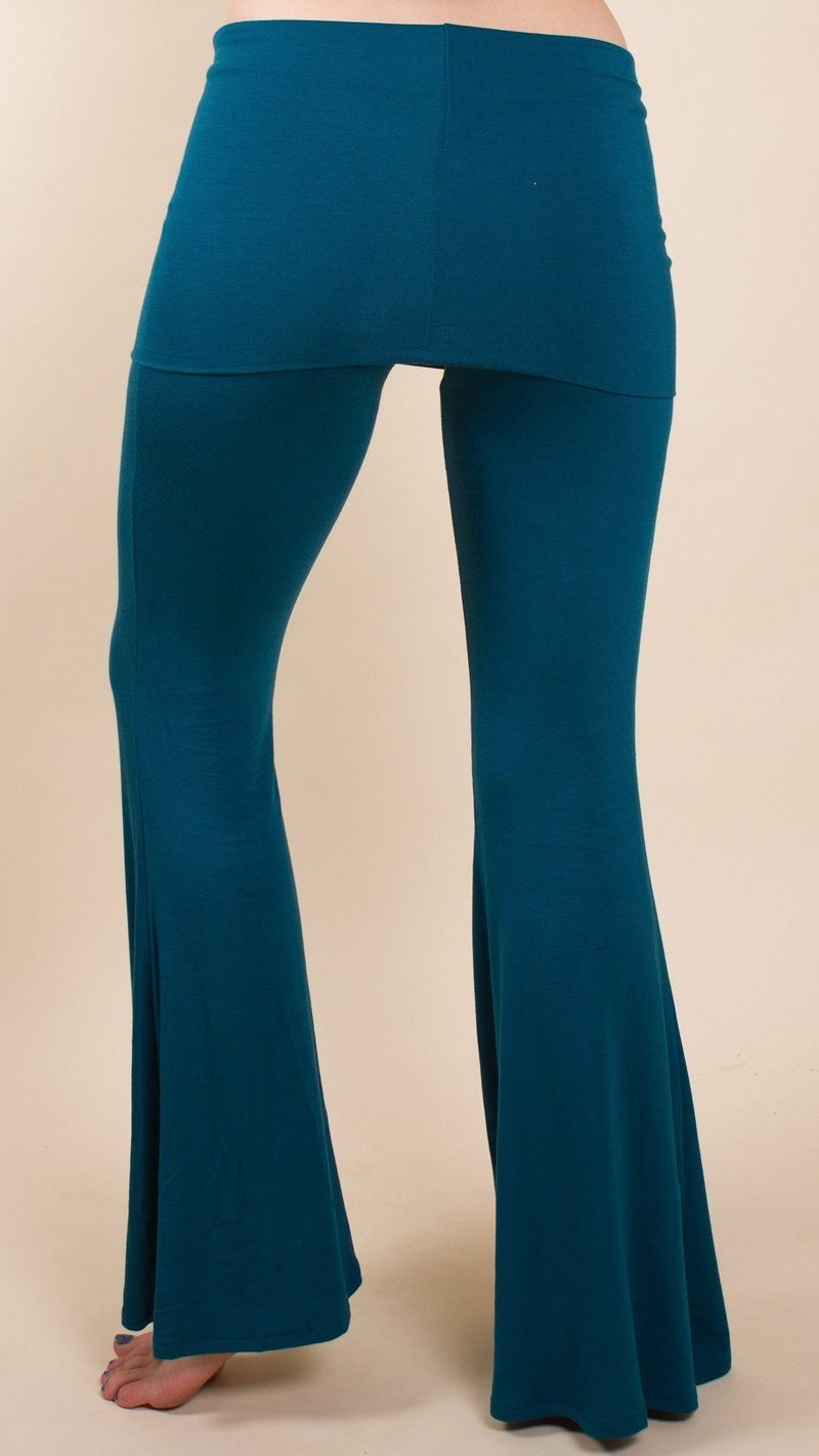 Dark Teal fold over bell bottom flares, modal fabric, for yoga and festivals from umba love collection.
